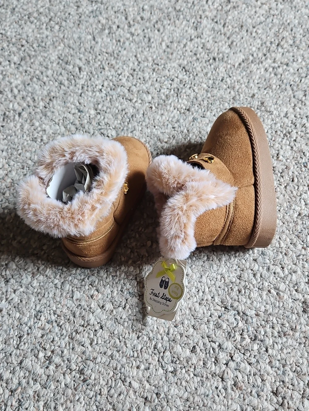 Nrw Just Steps Kids Faux Fur Lined Tan Booties.